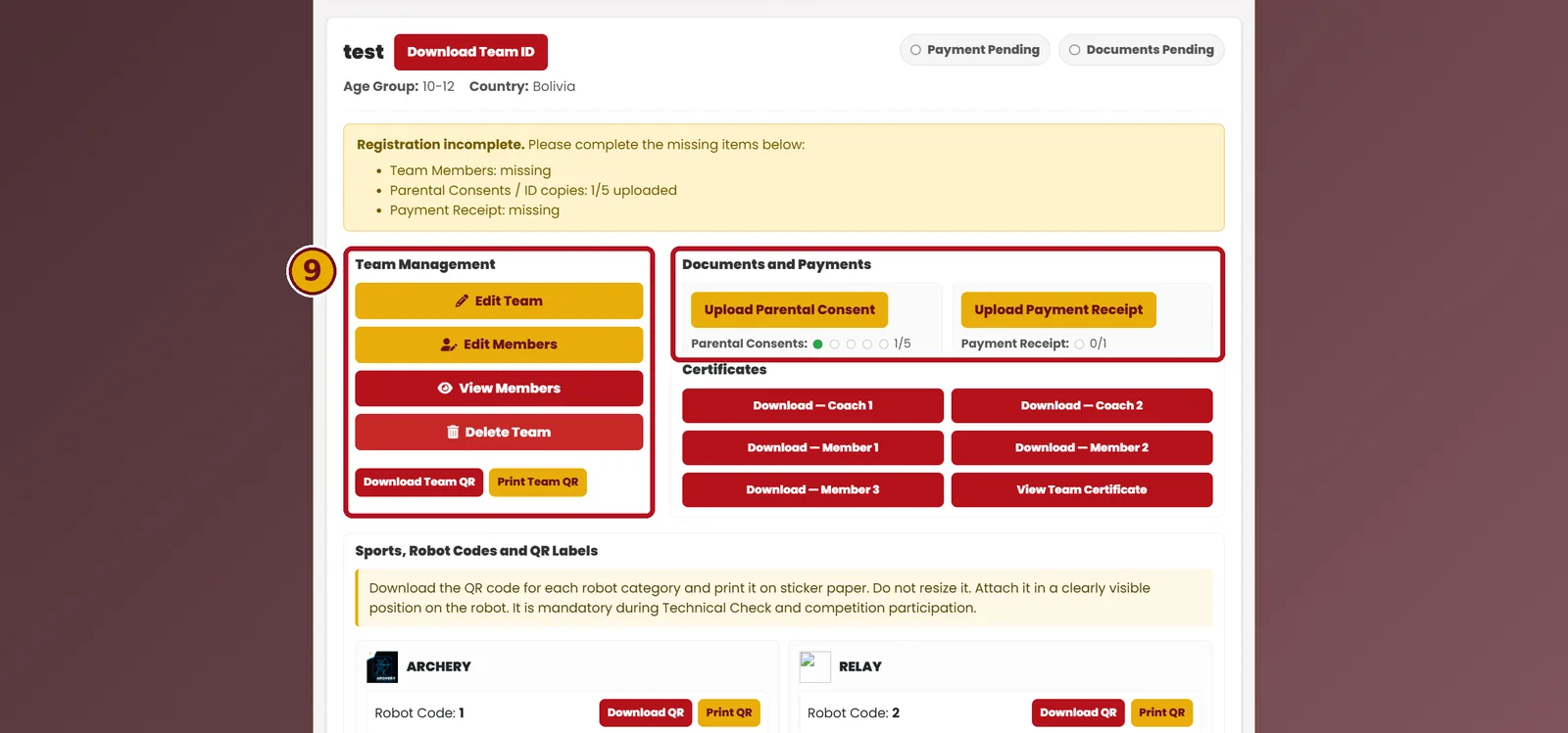 Manage Documents, Payment and Certificates
